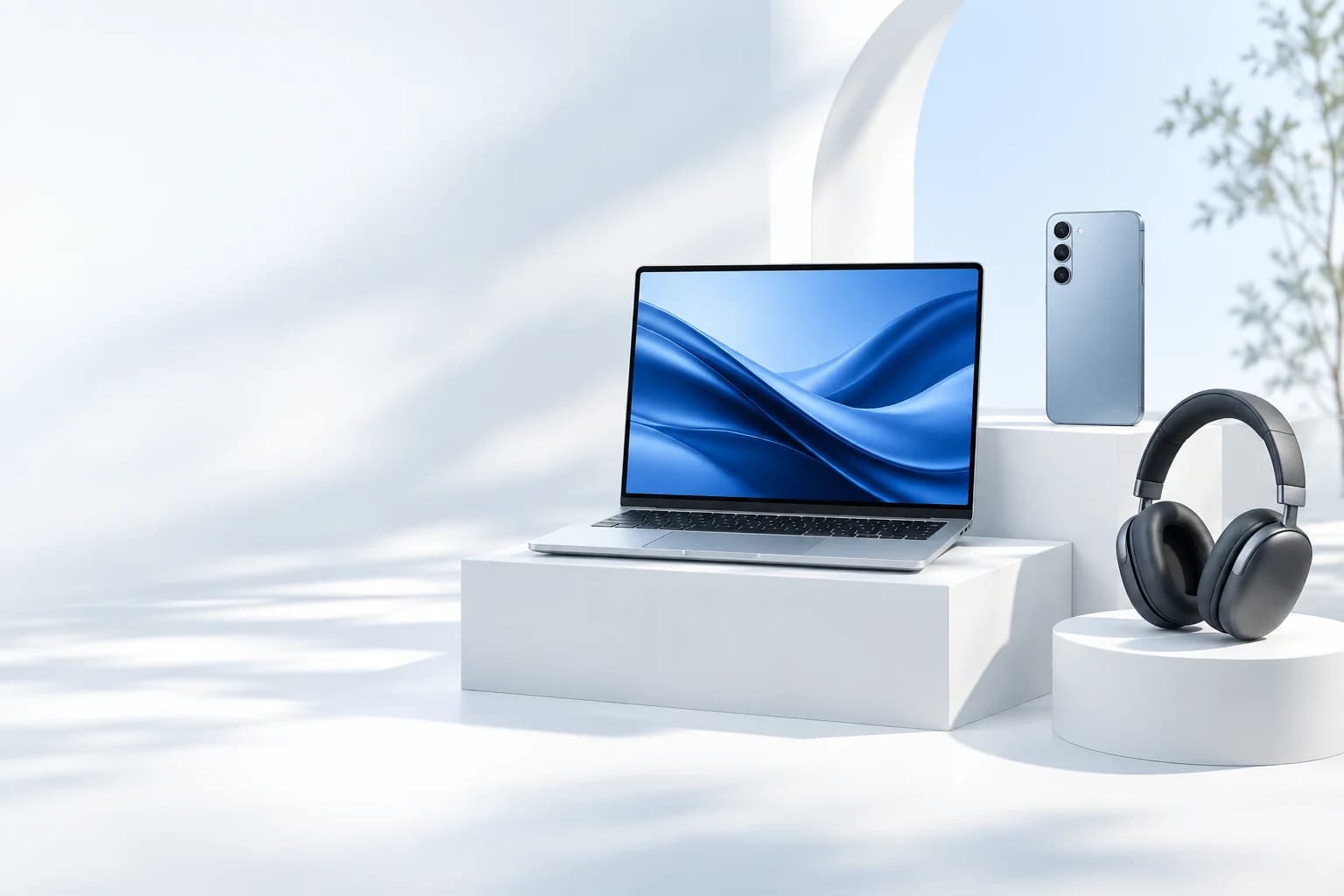Laptop, smartphone y audífonos en un estudio luminoso